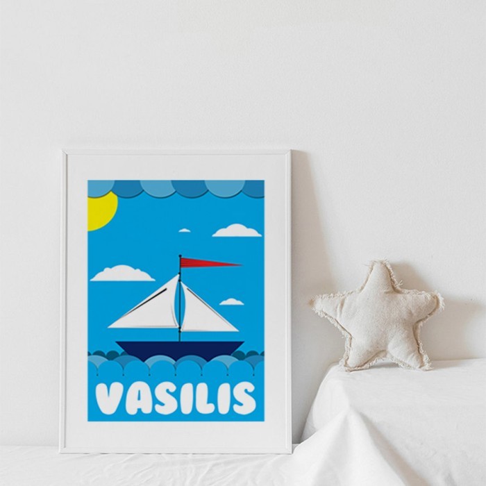 Αφίσα Poster Καραβάκι με πανιά στην γαλάζια θάλασσα με κορνίζα