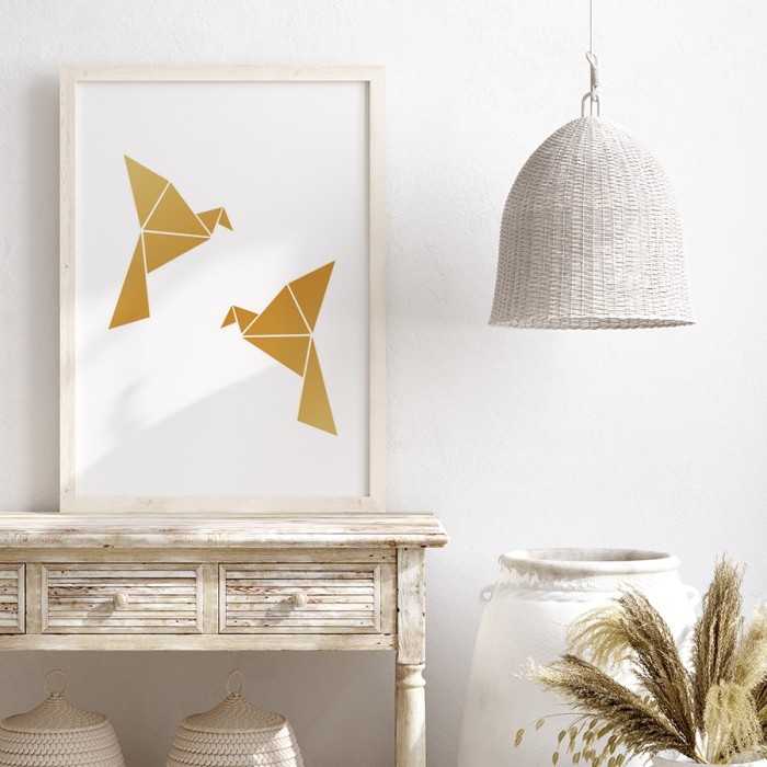 Αφίσα Poster Γεωμετρικά Πουλιά σε Gold - Χρυσό με κορνίζα