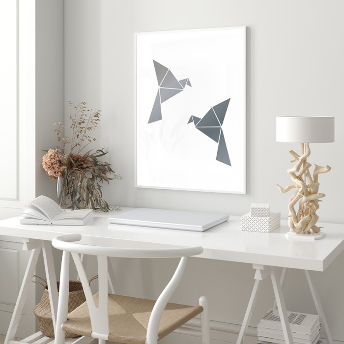 Αφίσα Poster Γεωμετρικά Πουλιά σε Silver - Ασημί για σαλόνι