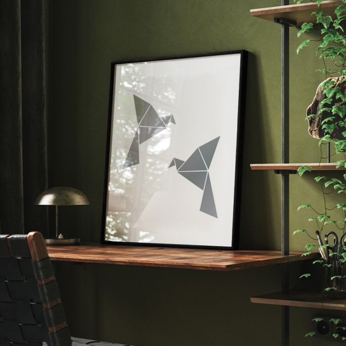 Αφίσα Poster Γεωμετρικά Πουλιά σε Silver - Ασημί  με κορνίζα