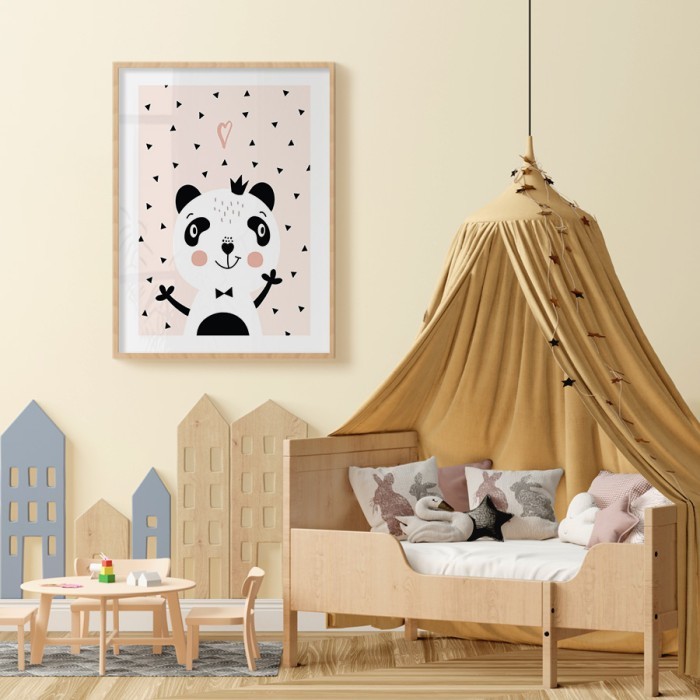 Αφίσα Poster Sweet panda - pink background για παιδικό δωμάτιο 