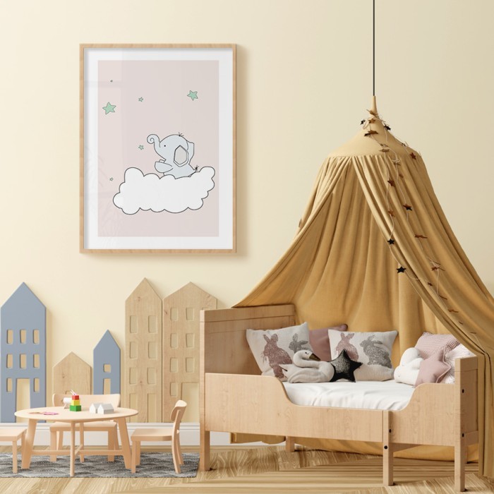 Αφίσα Poster Ελαφαντάκι που κυνηγάει τα αστέρια πάνω στο σύννεφο για παιδικό δωμάτιο 