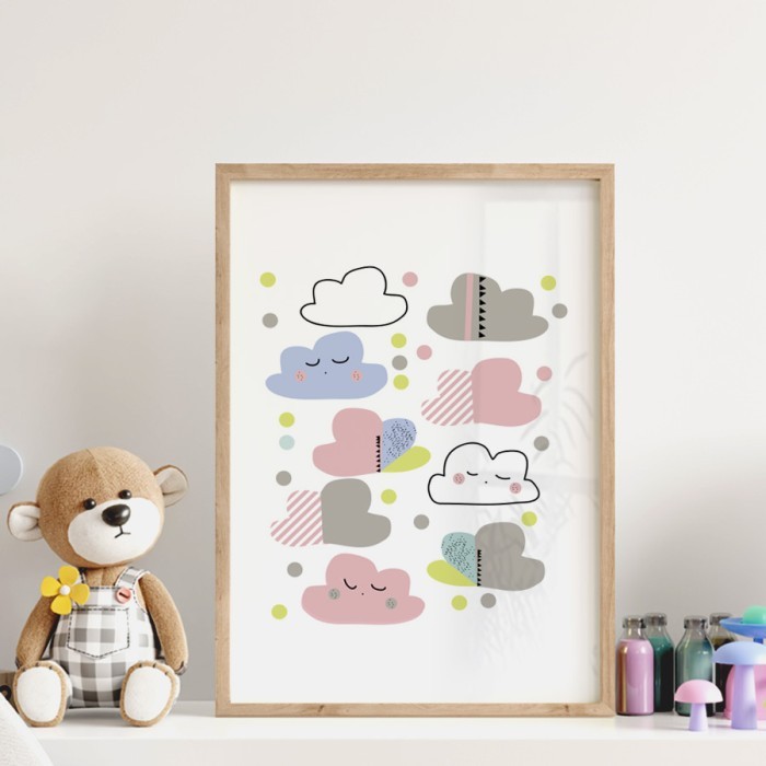 Αφίσα Poster Πολύχρωμα συννεφάκια με κορνίζα