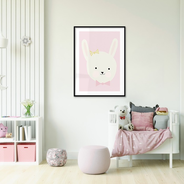 Αφίσα Poster Λαγουδάκι με φιόγκο σε ροζ φόντο για παιδικό δωμάτιο 