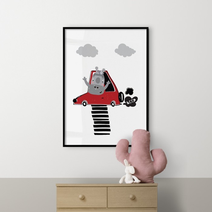 Αφίσα Poster Ιπποπόταμος με κόκκινο αμάξι με κορνίζα
