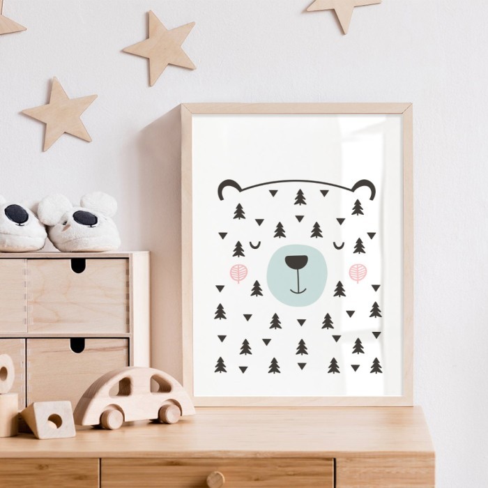 Αφίσα Poster Αρκούδα με δέντρα και τρίγωνα με κορνίζα