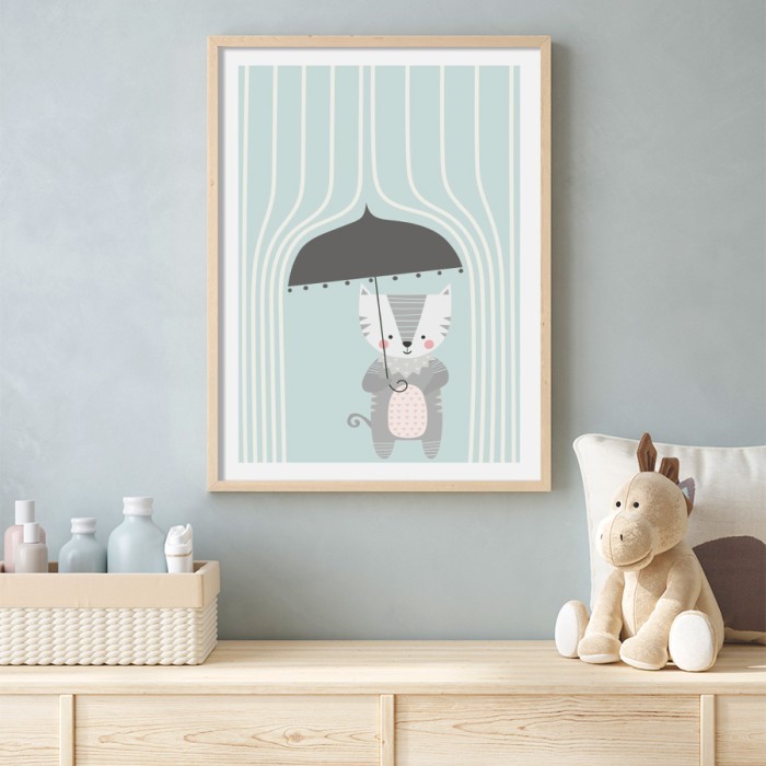 Αφίσα Poster Γατούλα με ομπρέλα με κορνίζα