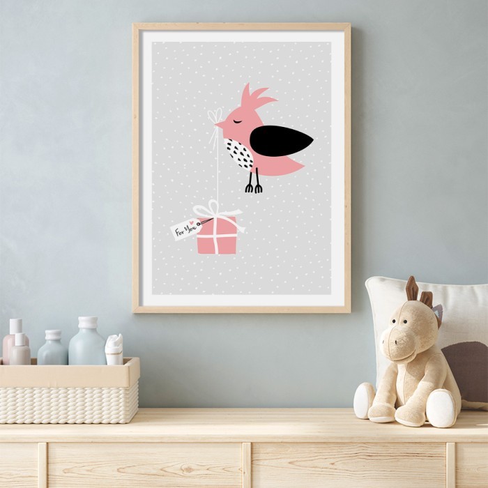 Αφίσα Poster Ροζ πουλάκι με κορνίζα