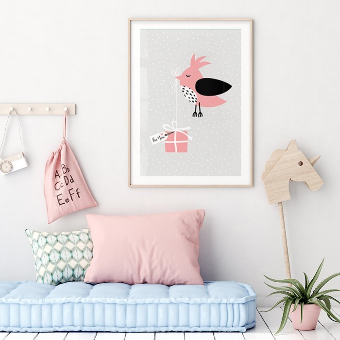 Αφίσα Poster Ροζ πουλάκι για παιδικό δωμάτιο 