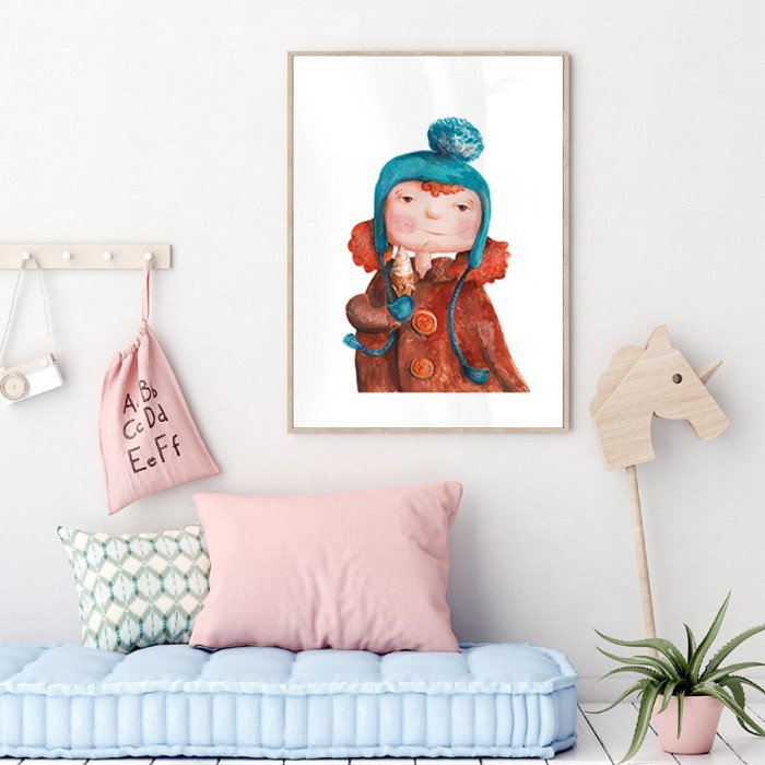 Αφίσα Poster Κορίτσι με μπλε σκούφο για παιδικό δωμάτιο 