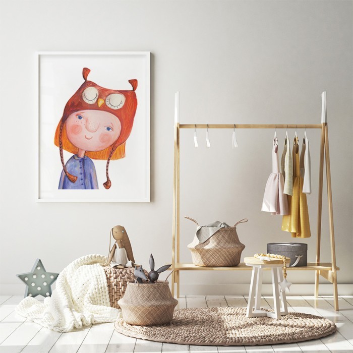 Αφίσα Poster Παιδάκι με σκούφο-κουκουβάγια για παιδικό δωμάτιο 