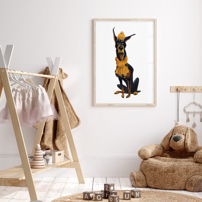 Αφίσα Poster Ντόμπερμαν με κίτρινο κασκόλ για παιδικό δωμάτιο 