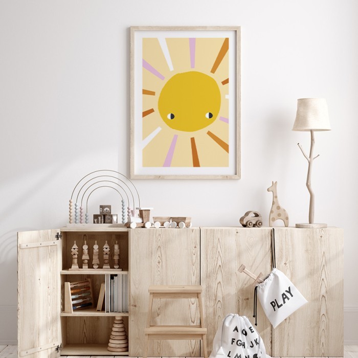 Αφίσα Poster Κίτρινος ήλιος με πολύχρωμες ακτίδες για παιδικό δωμάτιο 