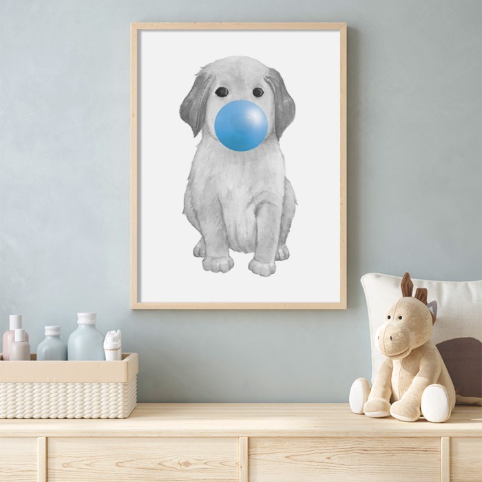 Αφίσα Poster Σκυλάκι με μπλε φούσκα με κορνίζα