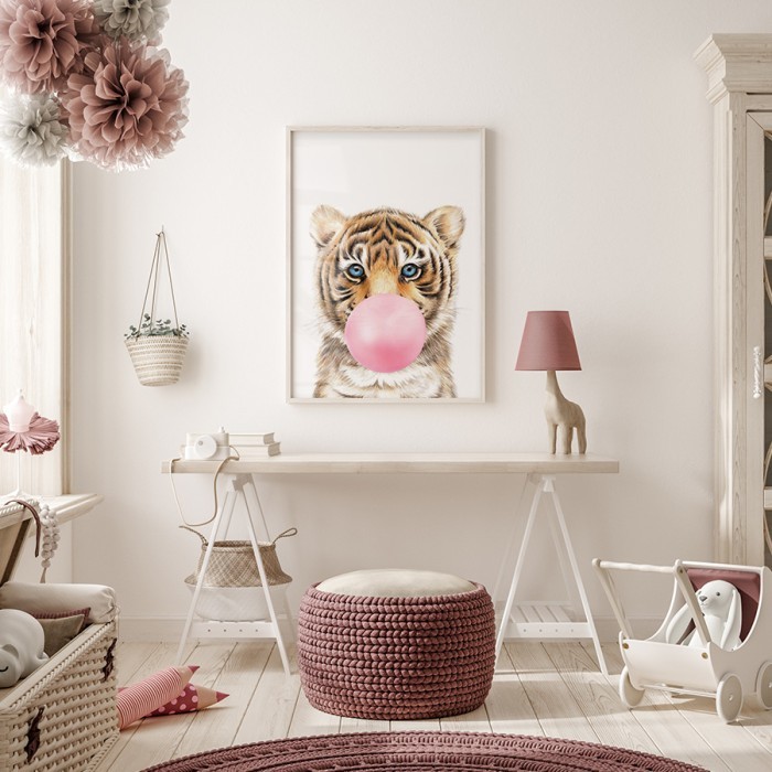 Αφίσα Poster Τιγράκι με ροζ φούσκα για παιδικό δωμάτιο 