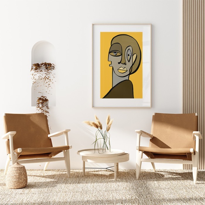 Poster Αφηρημένο πρόσωπο σε κίτρινο φόντο για σαλόνι 