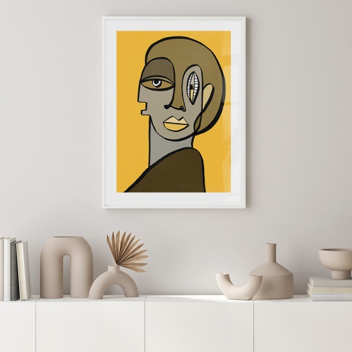 Αφίσα-Poster Αφηρημένο πρόσωπο σε κίτρινο φόντο με κορνίζα 