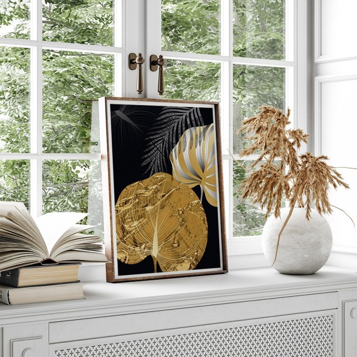 Αφίσα δωματίου Gold & silver leaves-black background
