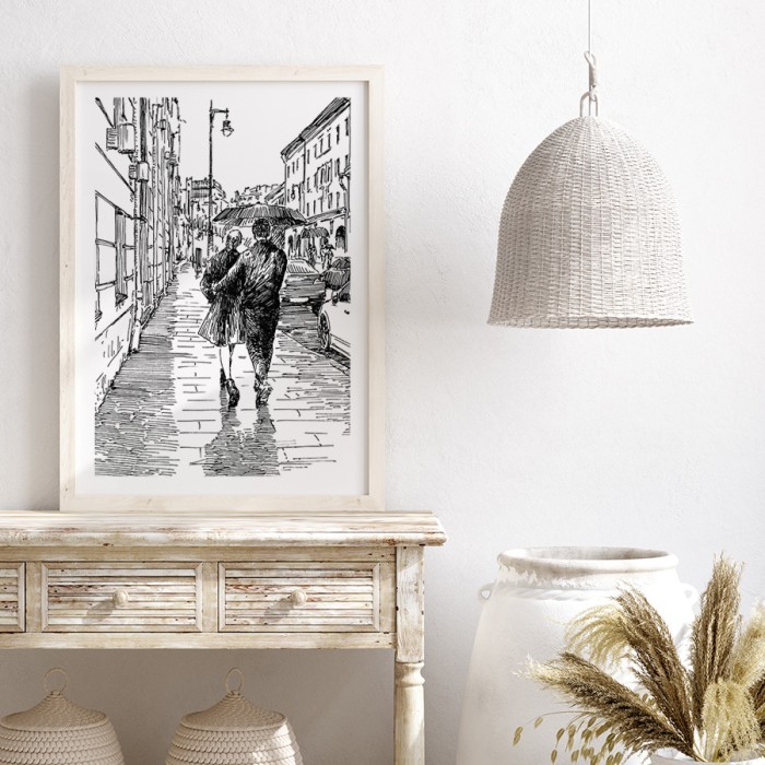 Αφίσα Poster Ζευγάρι στη βροχή με κορνίζα