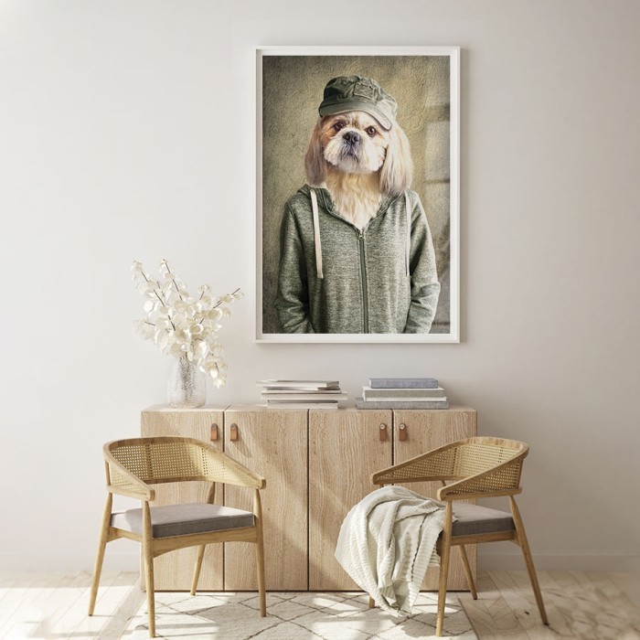 Poster Σκύλος με ζακέτα και καπέλο για σαλόνι
