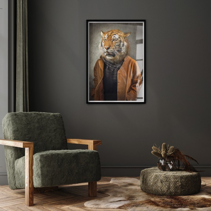Poster Τίγρης με καφέ μπουφάν για σαλόνι