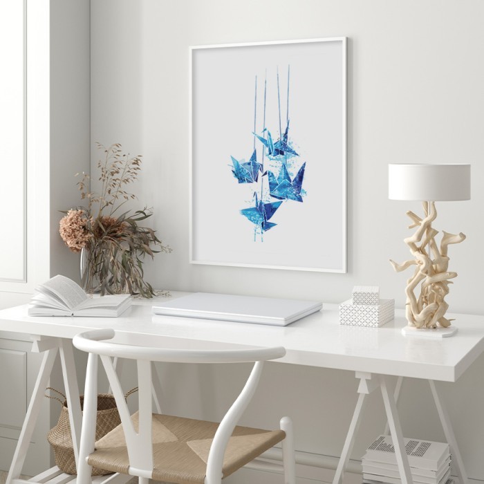 Αφίσα Poster Μπλε οριγκάμι πουλιά με κορνίζα