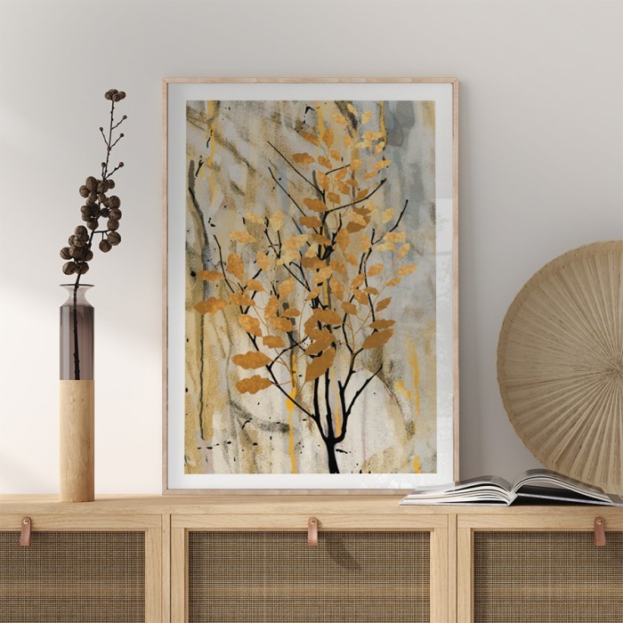 Αφίσα Poster Κλαδί με χρυσά φύλλα με κορνίζα