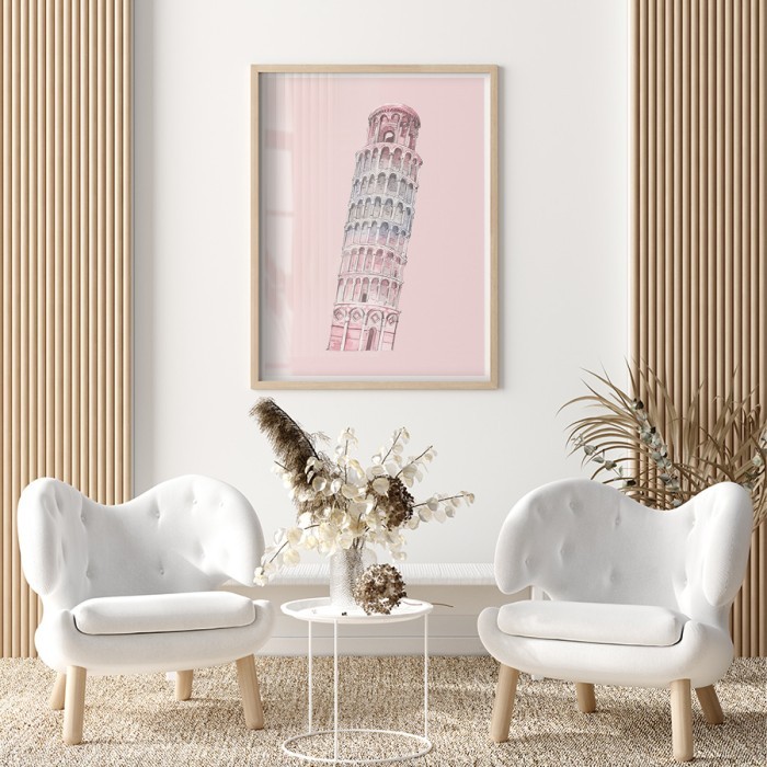 Αφίσα Poster Πύργος της Πίζας σε ροζ φόντο για σαλόνι