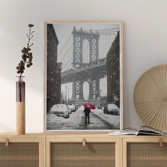 Αφίσα Poster Χιονισμένος δρόμος κάτω από την γέφυρα με κορνίζα