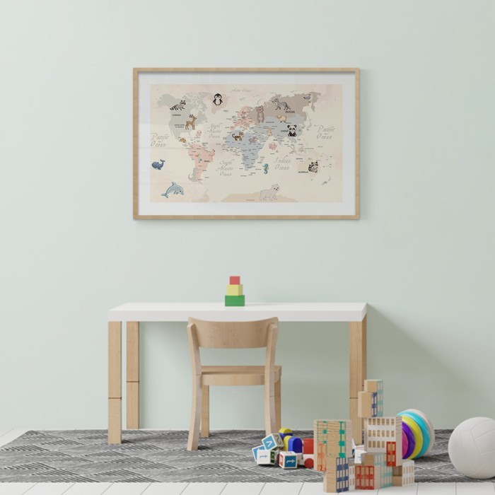 Αφίσα Poster Πολύχρωμος χάρτης με ζωάκια για παιδικό δωμάτιο 