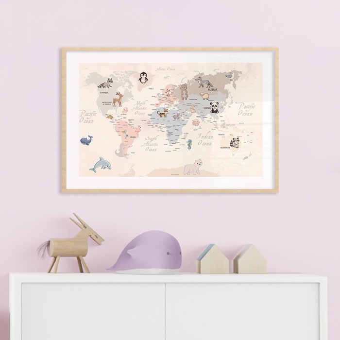 Αφίσα Poster Πολύχρωμος χάρτης με ζωάκια με κορνίζα