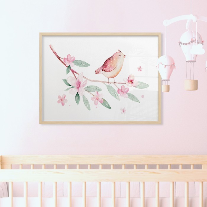 Αφίσα Poster Ροζ πουλάκι στο κλαδί με κορνίζα
