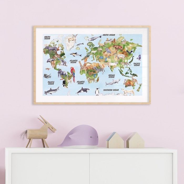 Αφίσα Poster Πολύχρωμος χάρτης με ζώα με κορνίζα