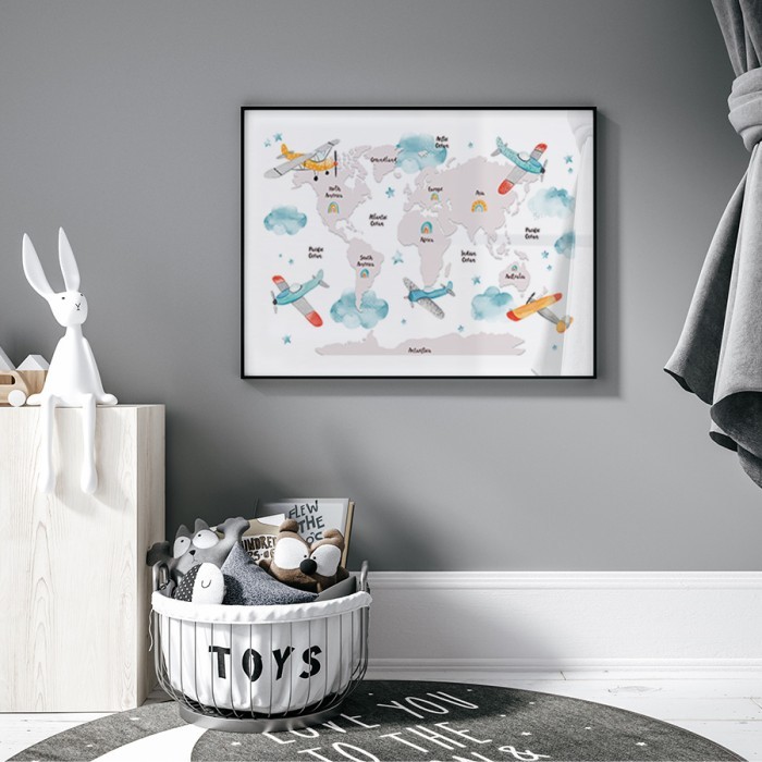 Αφίσα Poster Παγκόσμιος χάρτης με αεροπλάνα για παιδικό δωμάτιο 