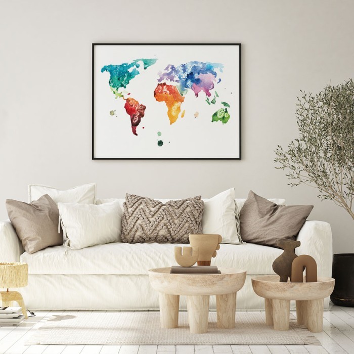 Αφίσα Poster Πολύχρωμος Παγκόσμιος χάρτης με κορνίζα