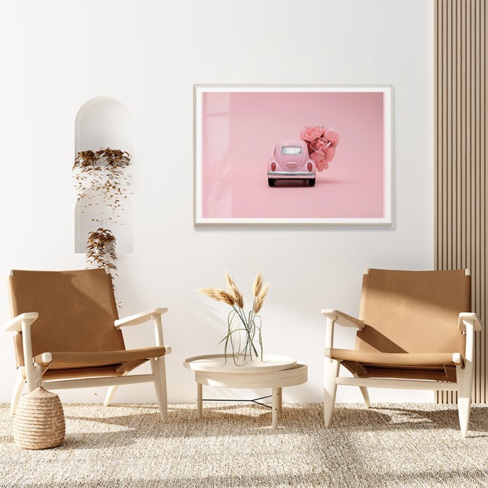 Αφίσα Poster Ροζ αυτοκίνητο με τριαντάφυλλα για σαλόνι