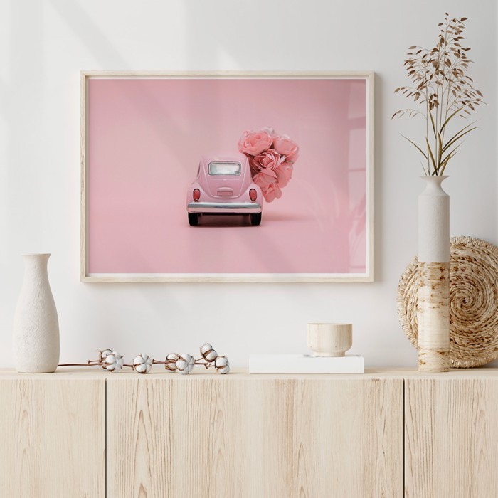 Αφίσα Poster Ροζ αυτοκίνητο με τριαντάφυλλα με κορνίζα
