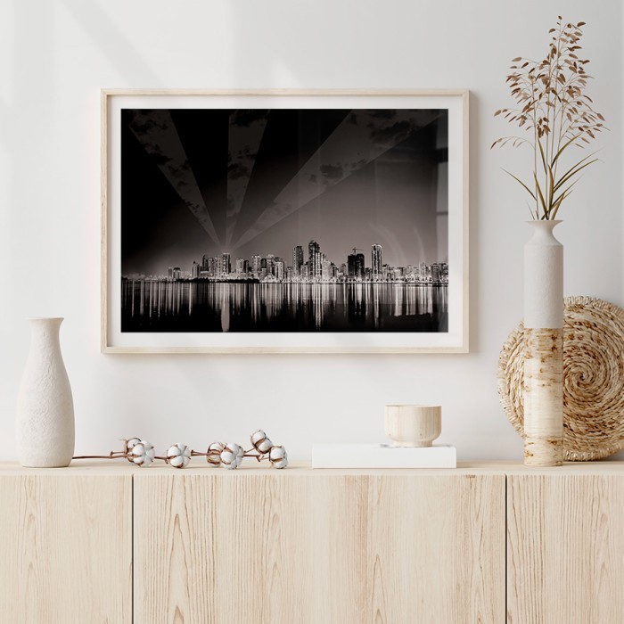 Αφίσα Poster Φωτισμένη πόλη με ουρανοξύστες με κορνίζα