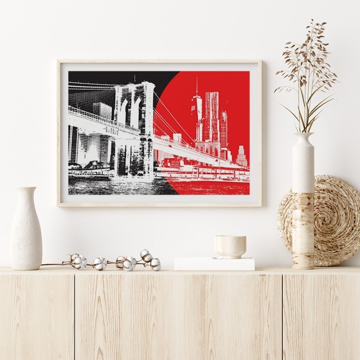 Αφίσα Poster Γέφυρα του Μπρούκλιν με φόντο τον κόκκινο ήλιο με κορνίζα
