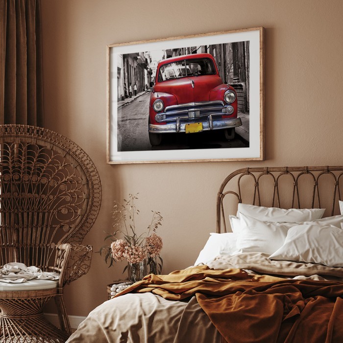Αφίσα Poster Παλιό κόκκινο αμάξι με κορνίζα