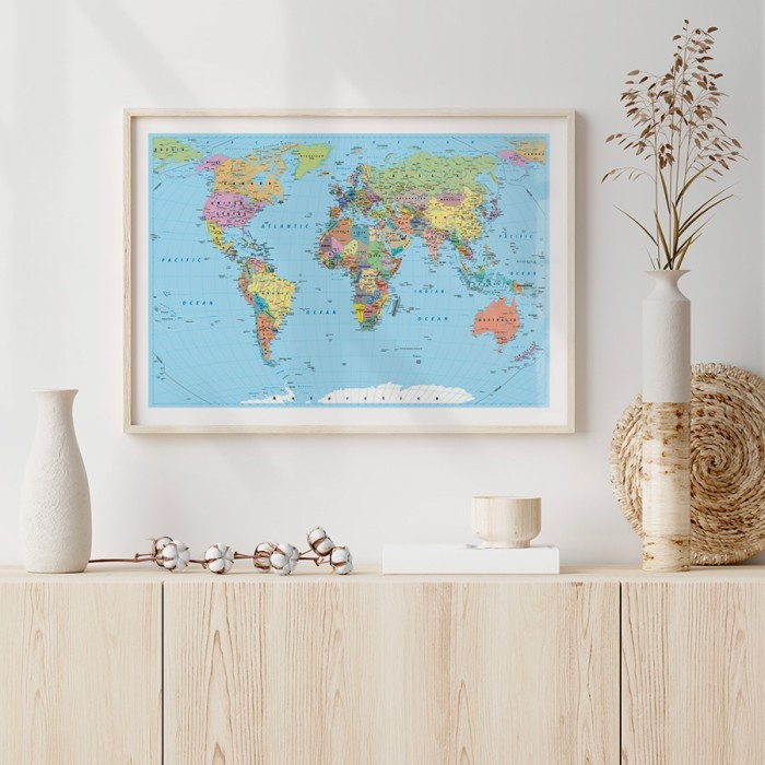 Αφίσα Poster Έγχρωμος παγκόσμιος χάρτης με κορνίζα