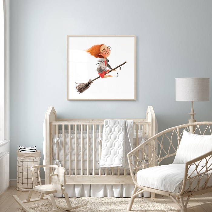 Αφίσα Poster Ιπτάμενο κοριτσάκι με σκούπα για βρεφικό δωμάτιο
