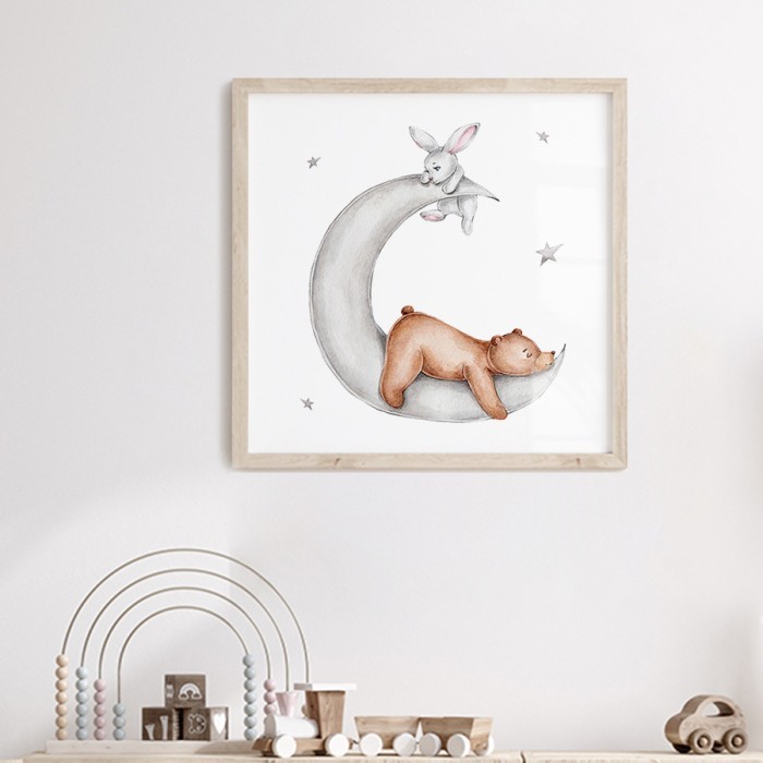 Αφίσα Poster Αρκουδάκι και κουνελάκι στο φεγγάρι με κορνίζα