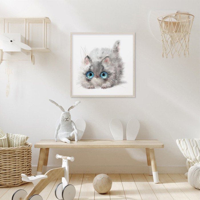 Αφίσα Poster Γκρι γατάκι με γαλανά μάτια για παιδικό δωμάτιο 