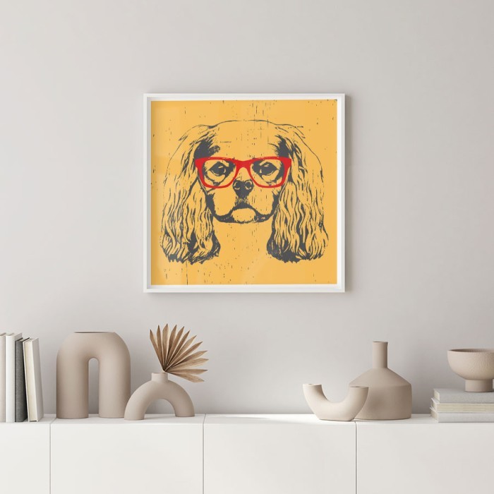 Αφίσα-Poster Σκύλος με κόκκινα γυαλιά με κορνίζα 