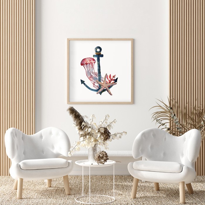 Αφίσα Poster Άγκυρα με θαλάσσια είδη για σαλόνι
