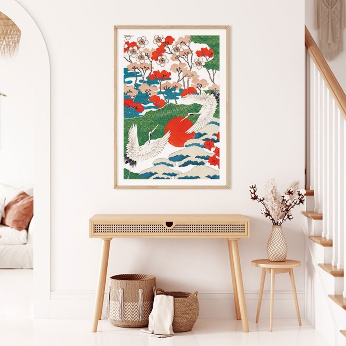 Αφίσα Poster Cranes flying in spring σε λευκό φόντο με κορνίζα