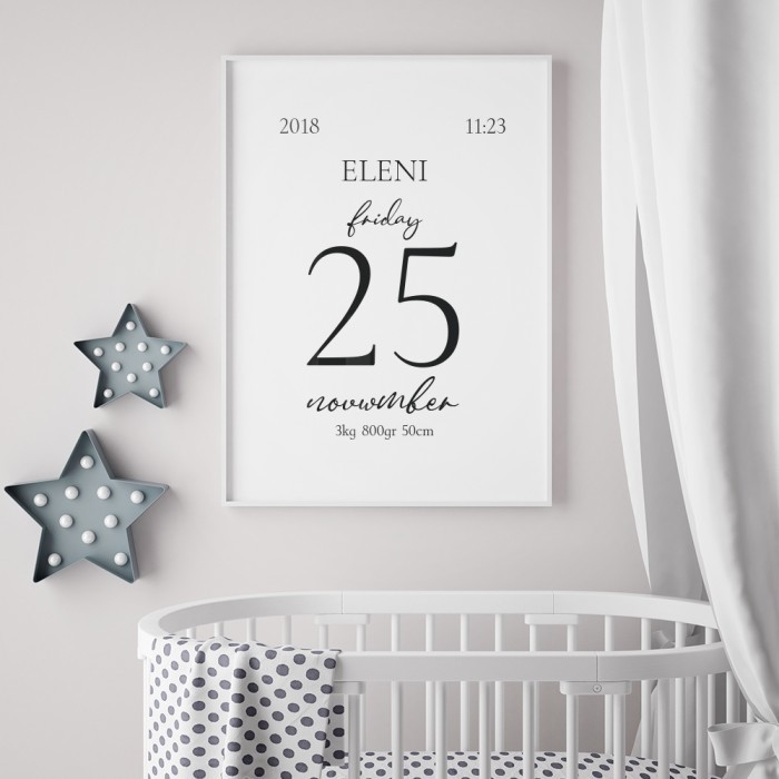 Αφίσα Poster Ημερομηνία γέννησης και όνομα για βρεφικό δωμάτιο