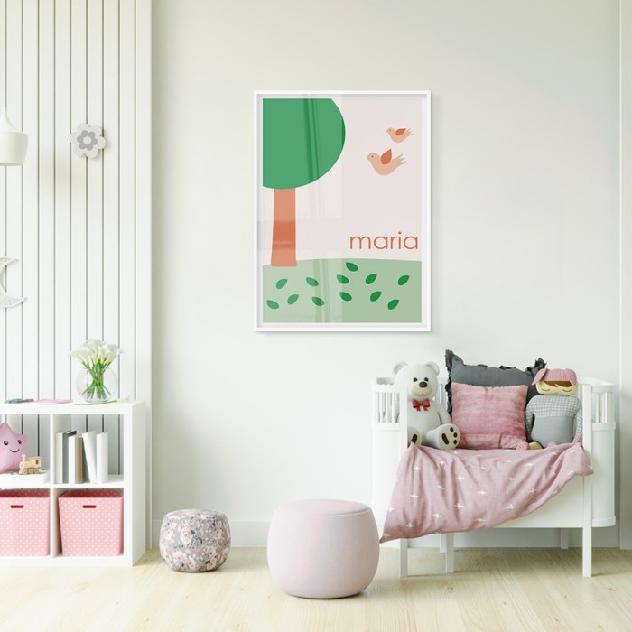 Αφίσα Poster Πουλάκια και πράσινο δέντρο για παιδικό δωμάτιο 