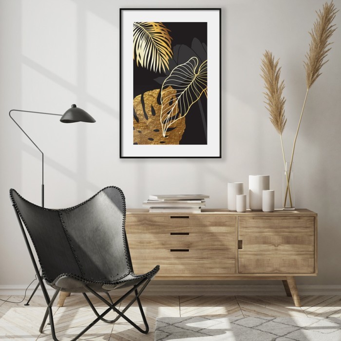 Αφίσα Poster Χρυσά φύλλα φοίνικα και monstera δωματίου